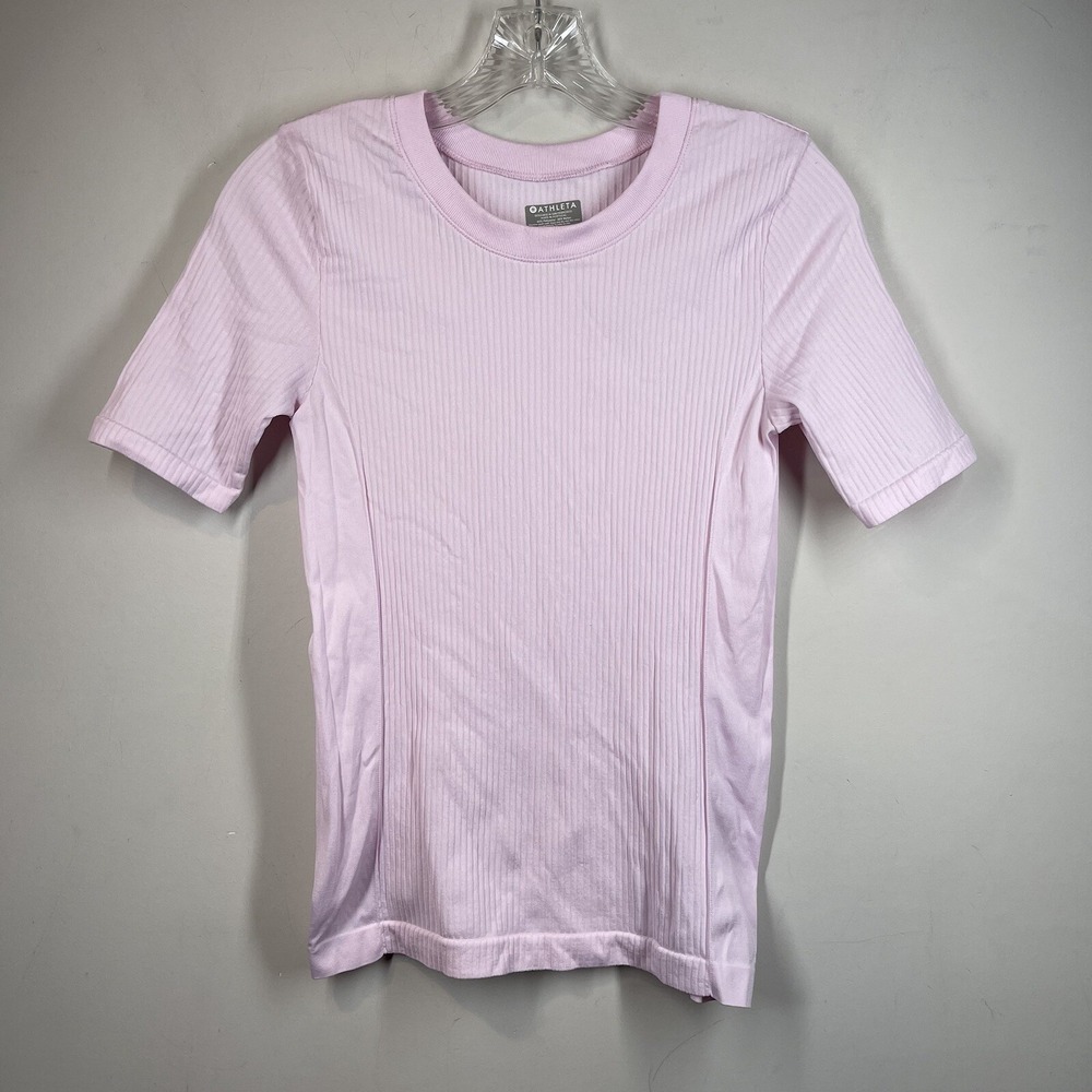 ATHLETA Women's Pink RENEW RIBBED Athletic Yoga Workout Comfy Stretch TEE XS Vtg